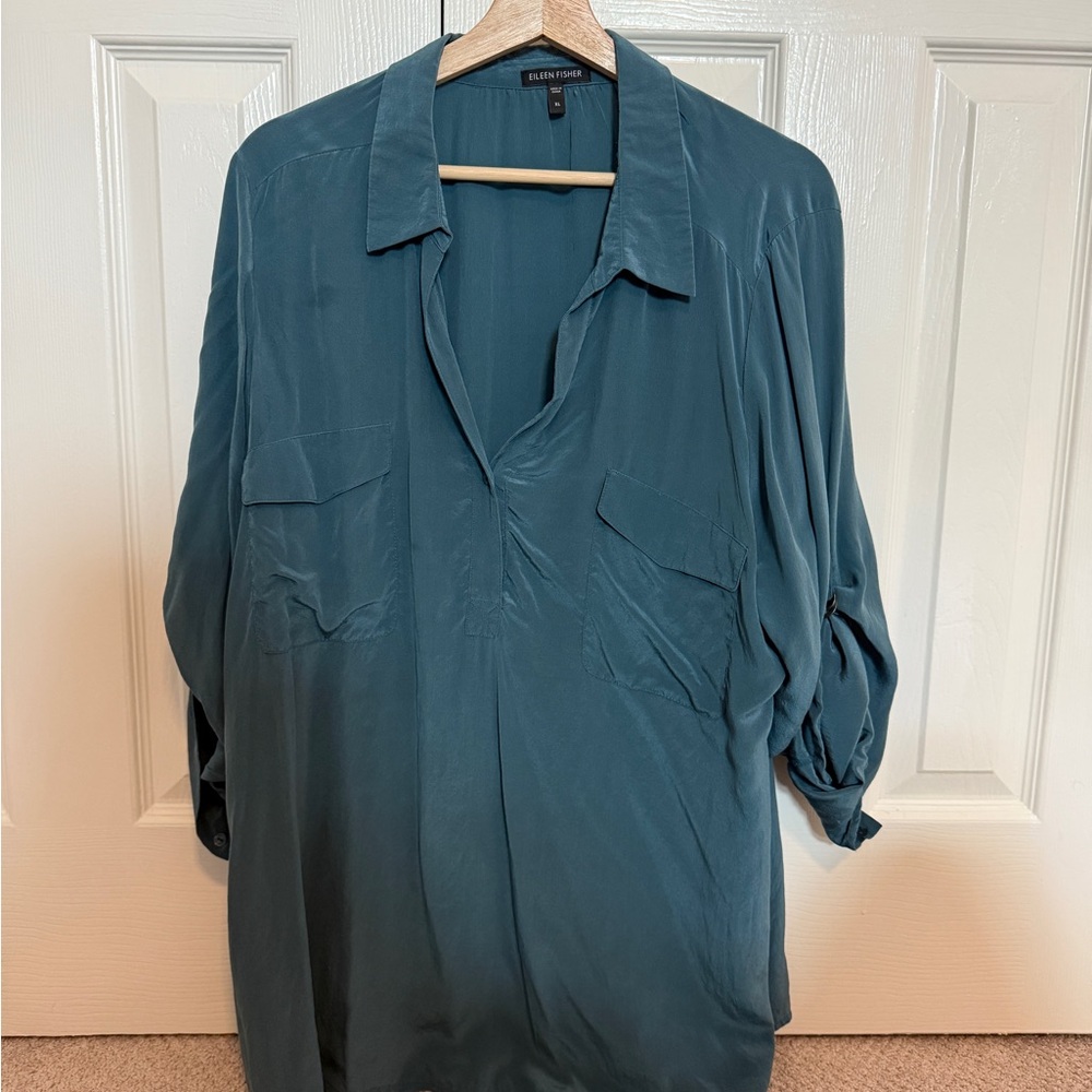 EILEEN FISHER Silk Teal Popover Blouse Roll-Up Sleeves Angled Pockets xL